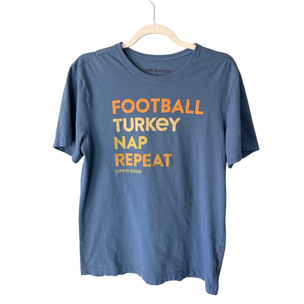 Life is Good Football Turkey Nap Repeat Graphic Blue Short Sleeve Tee Small